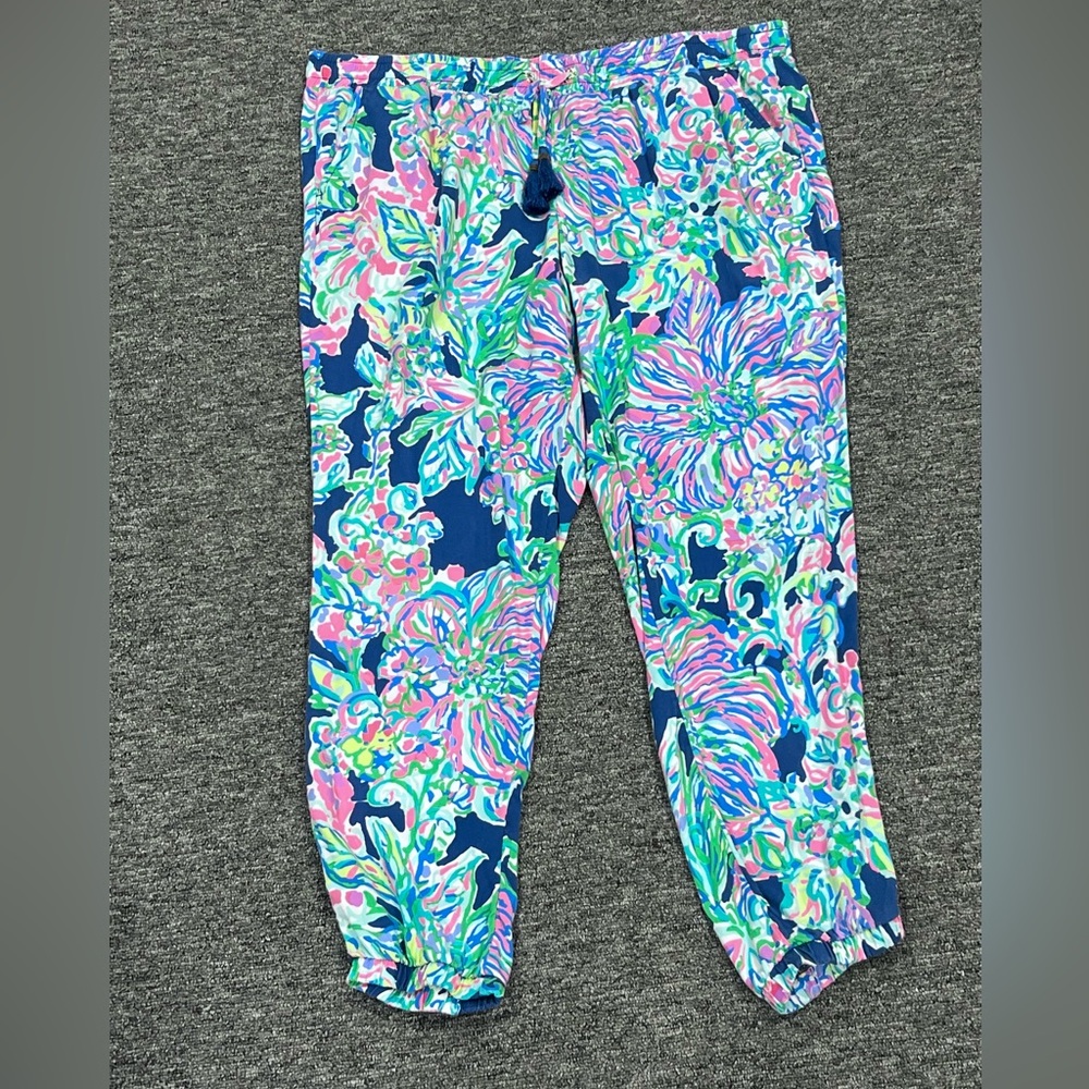 Lilly Pulitzer Navy Floral Cropped Jogger Pants with Pink & Green Accents